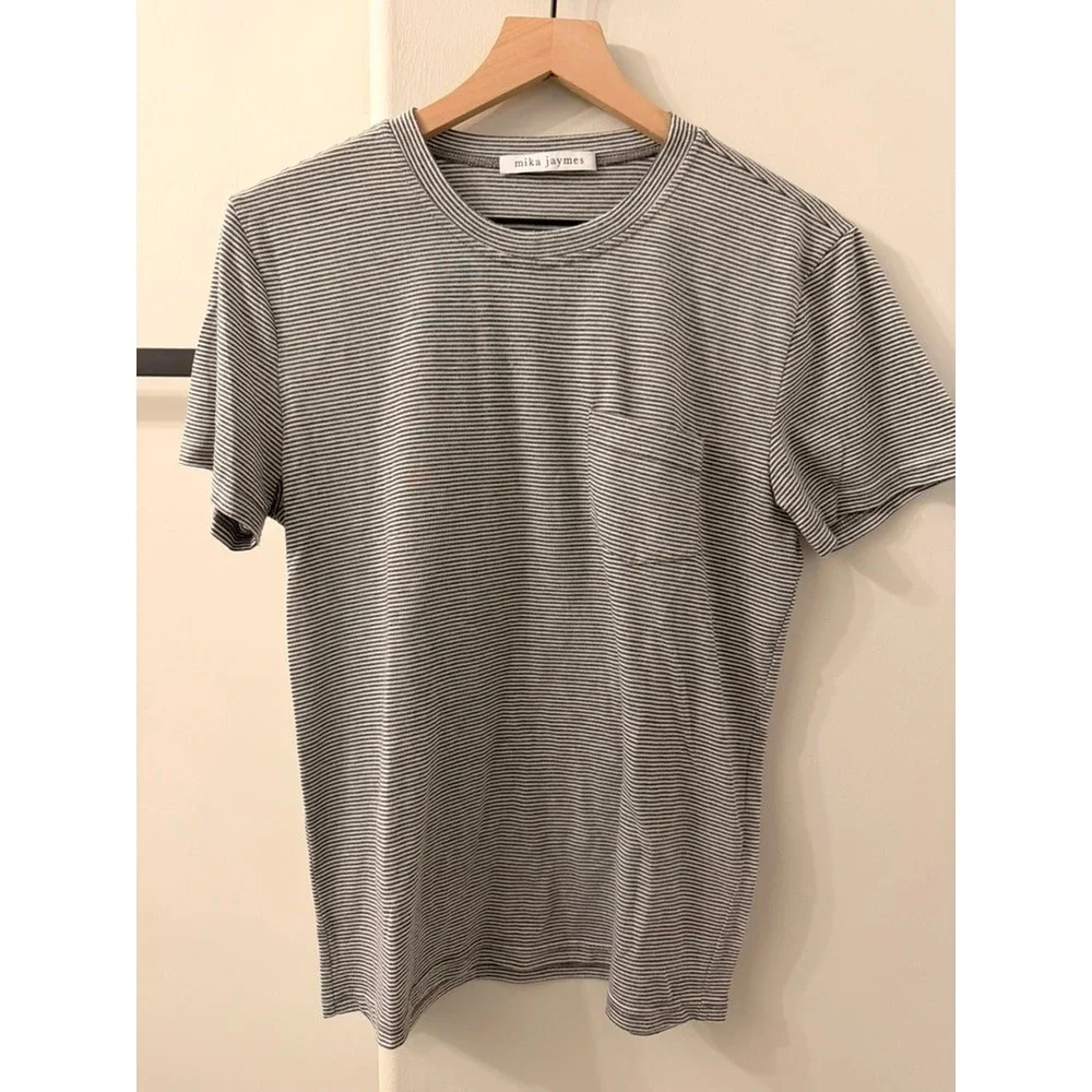 Mika Jaymes Pocket T-Shirt Mens Grey White Micro Stripe Tee